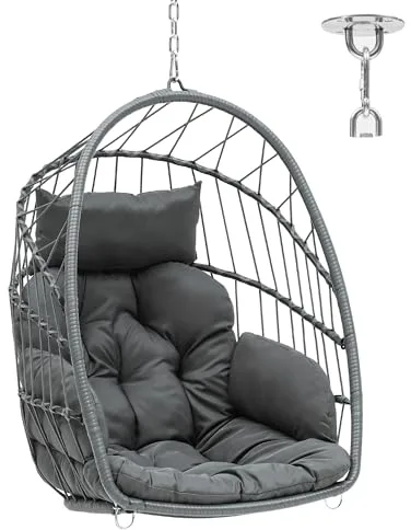 YITAHOME Silla Columpio Carga Máx. 150kg Silla Colgante de Forma Huevo con 2 Cojines, Estructura de Mimbre Resistente, 74x72x105cm Silla Colgante con Cadena y Gancho para Patio, Jardín, Interior, Gris