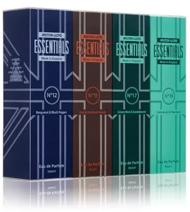 MILTON-LLOYD ESSENTIALS Número 12, 15, 17 y 19 Fragancias de Lujo, Set de 4 x 50 ml Eau de Parfum, Set de Regalo de Aftershave, Perfume para Hombres