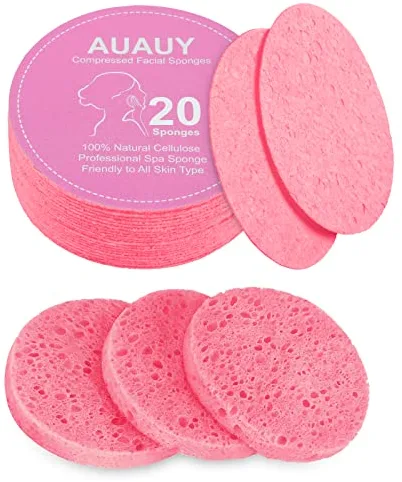 AUAUY 20Pz Esponjas faciales comprimidas, Esponjas Desmaquillantes de Celulosa, Redonda Desmaquillante Belleza Esponja, perfecta para Spa Facial, Exfoliante, Eliminación de Maquillaje (Rosado)