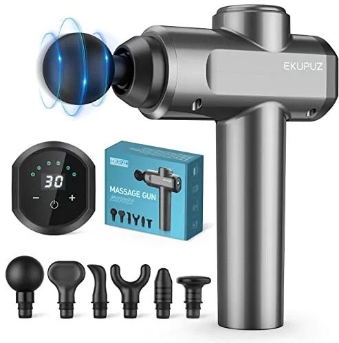 Pistola de Masaje Muscular, EKUPUZ Pistola de Masajeadora con 30 Velocidades, 6 Cabezales de Masaje con Pantalla LCD, Liviana y Portátil, para el Ejercicio Diario, Alivia el Dolor Muscular