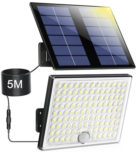 Realky Lampara Solar Exterior con Sensor de Movimiento, 113 LEDs 2000mAh 4 Modes, Potente Foco LED para Jardin con Cable de 5 m, 1 pieza