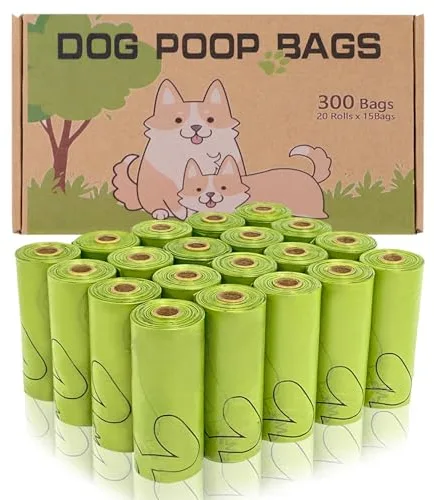 AiTodos® 300 Bolsas para Caca, PET Almidón de Maíz Mixto, Polietileno + Material de Almidón de Maíz Bolsas para Caca Semibiodegradables - 31 x 23 cm - Verde (20 Rollos, 15 Paquetes Cada Uno)
