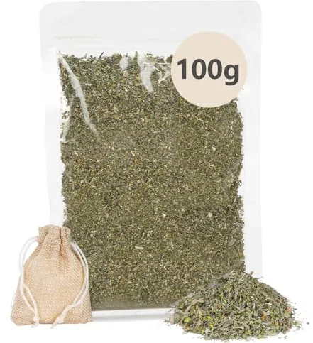 OSDUE Hierba gatera con Bolsa Recargable, Mezcla de Hierba gatera 100% Natural, para Juegos de Gatos, Juguetes de Entrenamiento y Hierba gatera, Postes para rascar y Camas para Gatos (100g)