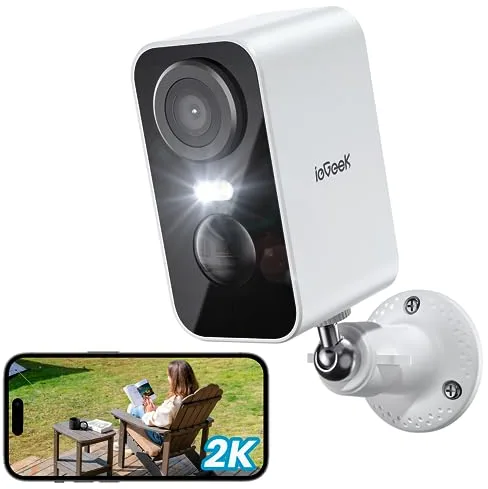 ieGeek 2K Camara Vigilancia WiFi Exterior/Interior sin Cables, Cámara de Vigilancia Exterior con Batería Recargable, 10M Visión Nocturna Colorida, Detección de Movimiento PIR, Audio de 2 Vias