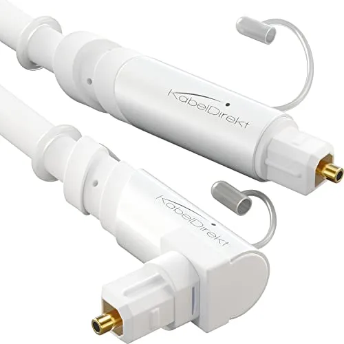 KabelDirekt – Cable TOSLINK acodado 90°, óptico audio digital con 0% de pérdida de señal – 1,5m – Cable fibra óptica blanco (S/PDIF, sistema estéreo/barra sonido/XBO/PS4)