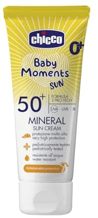 Chicco Crema Solar Mineral SPF 50 +, para Bebés, Resistente al Agua, Excelente Protección contra UVA, UVB e Infrarrojos, 0 Meses +, 75 ml