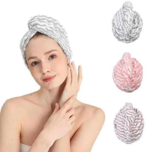 Good Nite 3 Piezas Toalla Microfibra Pelo Turbante de Cabello Súper Absorbente Toalla de Microfibra para el Cabello Rizado Largo 3 Colores Rosa Morado Gris con Botones Rayas Delgadas