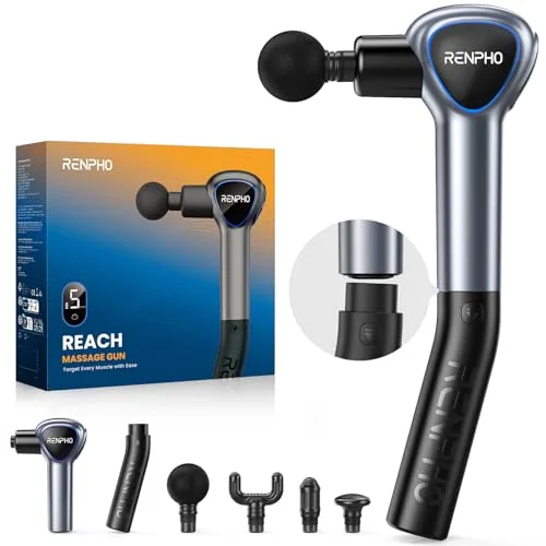 Pistola de Masaje Muscular con Mango Extensible Desmontable, RENPHO Reach Pistola Masajeadora, Pistola Masaje Massage Gun Profesional with LED Screen para Muscular Relajación, Gris