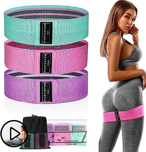 PORTENTUM Cintas elasticas musculacion, Set de 3 Bandas elásticas Fitness Antideslizantes de Tela. 3 Niveles de Resistencia para Crossfit, Yoga, Glúteos y Otros Deportes y Bolsa de Almacenamiento