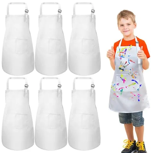 umboom 6 Piezas Delantales Blanco para Niño, Delantal de Cocina para Niña, Ajustable Infantil Delantal con 2 Bolsillos, Escuela Delantales para Pintar, Hornear, Cocinar, Manualidades, Jardín