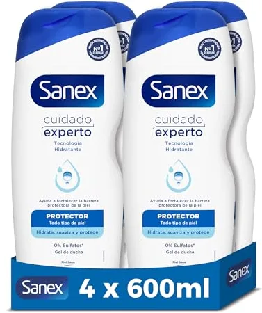 Sanex Cuidado Experto Protector Gel de Ducha, Pack 4 Uds x 600ml, Fórmula con Prebiótico Natural, Fortalece la Barrera Protectora de la Piel, 12H Hidratación, 0% Sulfatos, para Todo Tipo de Piel
