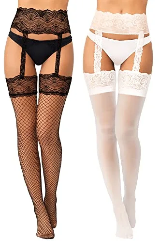 Geyoga 2 Pares de Medias con Liguero Altas de Tirantes de Encaje de Red de Liga Estampadas de Flor hasta Muslo para Mujer (Blanco) Talla única