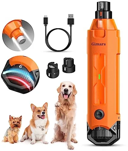 Gimars Lima De Uñas Eléctrica para Perros, Ajustable 6 Velocidades Cortador De Uñas Eléctrico, Cortauñas Electrico para Perros con Luz Led, Recargable Lima De Uñas De 3 Puertos para Perros Naranja