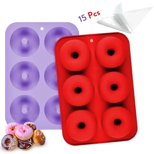 Moldes Silicona Donuts 2Pcs Violeta y Rojo | Incluye 15 Mangas Pasteleras | Molde para Donuts Antiadherente ideal para Reposteria, Galletas, Magdalenas | Compatible con Horno, Air Fryer, Lavavajillas