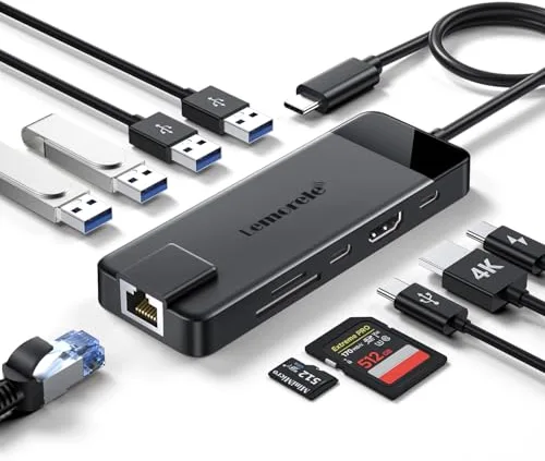 Lemorele Hub USB C Ethernet 1000M -10 EN 1, Docking Station con HDMI 4K, 4 USB 3.0/2.0, PD 100W, SD/TF, USB-C Dato 3.0, Adaptador para Macbook Air/Pro, Chromecast, Windows