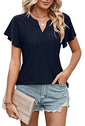 HANERDUN Camiseta Manga Corta Mujer Blusas Mujer Verano Elegantes Tops Ropa T Shirt en V-Cuello