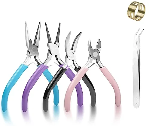 Fousenuk 4 Piezas Juego de Alicates, 4.5 Pulgadas, Alicates Joyeria de Punta, Cortador de Alambre, Hacer Joyas Herramientas Artesanía, Fabricación de Collares y Pulseras