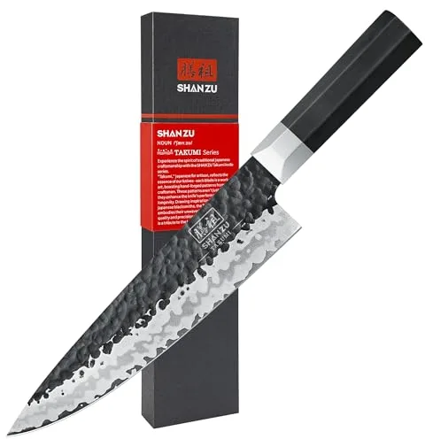 SHAN ZU Cuchillo de Cocina 20cm, Cuchillo de Cocina Forjado a Mano de 7 Capas, Núcleo de Acero Inoxidable Japonés 9Cr18MoV de Alto Carbono, Súper Afilado, Mango Octogonal G10 Ergonómico