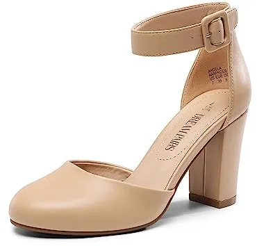 DREAM PAIRS Zapatos de Tacón Acho Cómodos Clásicos de Punta Redonda Zapatos de Salón Alto con Tira de Tobillo Bodas y Fiestas Desnudo-PU Angela Talla 38.5EU/7.5US