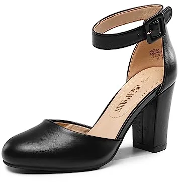DREAM PAIRS Zapatos de Tacón Acho Cómodos Clásicos de Punta Redonda Zapatos de Salón Alto con Tira de Tobillo Bodas y Fiestas Negro-PU Angela Talla 38EU/7US