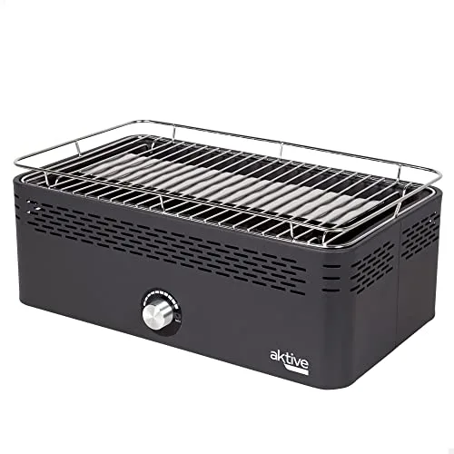 Aktive - Barbacoa Portátil a carbón recargable a pilas sin Humo Negra rectangular, Protección antigoteo, Medidas 45x28x19cm, Incluye bolsa de transporte, parrilla terraza, balcón (63004)