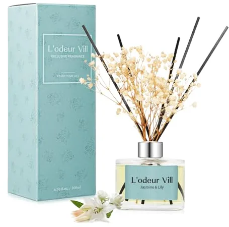 L'odeur Vill 200ml Difusor de con Flores secas/Jazmín y Lirio/Ambientadores de Hogar, con 6 Palos difusores de Ambientador Varillas/difusor de Aromas/para Decoración de Baños y Estanterías.