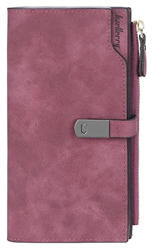 HNOOM Cartera Mujer Grande de Cuero PU con Bolsillo Monedero, Tarjetero Largo Suave y Cómodo con 24 Ranuras para Tarjetas (Morado-L)