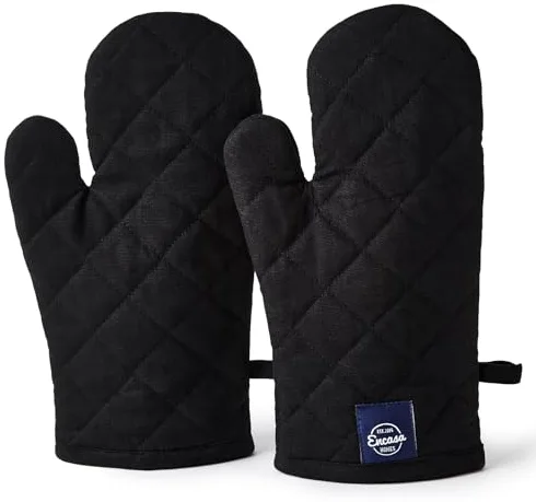 Encasa XO Guantes de Horno de algodón Resistentes al Calor (Juego de 2) - Acolchada y Segura 17x29 cm - para Cocina, Cocinar y Hornear, Manejo de ollas y sartenes Calientes - Negro Completo