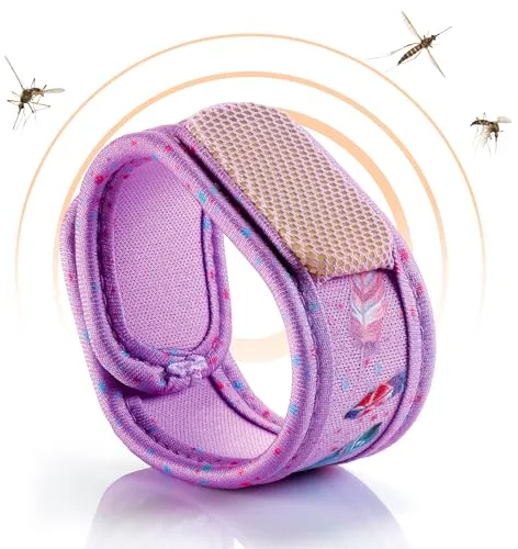 PARAKITO – Pulsera antimosquitos reutilizable, 2 pastillas incluidas con aceites esenciales, 1 mes de protección, sin deet, talla Junior 3+ (plumas)