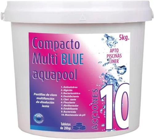 Compacto 10 ACCIONES AQUAPOOL (200 GR) - Pastillas de Cloro multifunción - Disolución Lenta - Apto Piscinas Liner (5 KG)