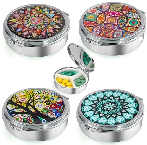 WnlahuWA 4 Piezas Bolsillo con Espejo Pastillero Redondo, Pequeños Pastilleros para Viajes, Diario de Viaje Caja Medicamentos Impermeable Vitaminas Medicina Organizador Contenedor