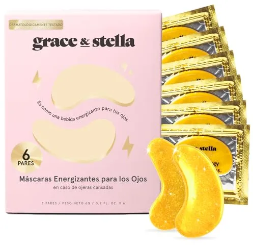 Grace & Stella Parches para Ojeras y Bolsas Mujer - Parches Antiarrugas y Antiojeras con Ácido Hialurónico Premiados - Veganos y No Testados en Animales [6 Pares, Dorado]