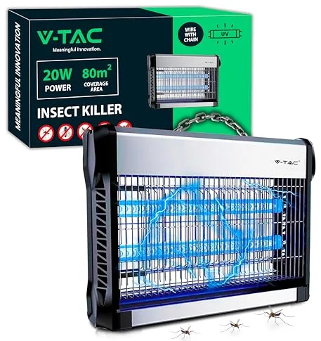 V-TAC Lampara Antimosquitos 20W con Área de Acción de 80 m² - Diseño Delgado - Mosquitera Eléctrica con Luz Azul UV para Uso Interior y Exterior - Trampa Eléctrica contra Mosquitos e Insectos