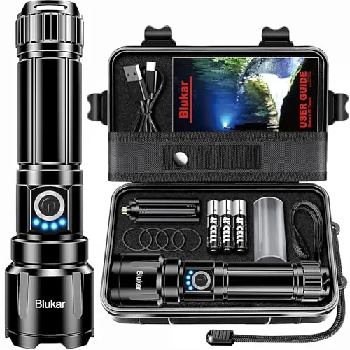 Blukar Linternas LED Alta Potencia, Recargable Linternas con 5 Modos de Luz, Zoomable, Impermeable Portátil Linterna para Camping/Senderismo/Al aire Libre/Emergencias