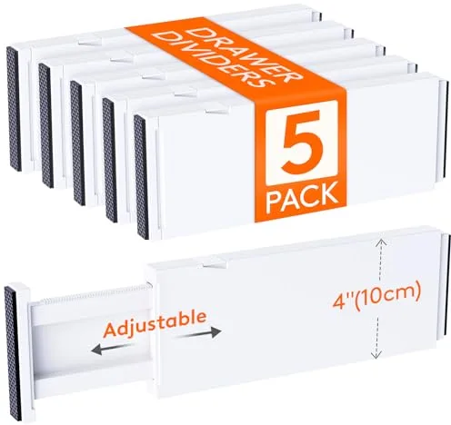 Lifewit Separadores Cajones de 10 cm Altura, Organizador Armario, 28-40 cm Ajustables Divisores para Almacenaje Ropa/Camisetas/Pantalone, Accesorios para Baño/Cocina/Oficina, Blanco, Paquete 5