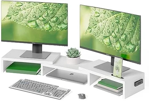 BONTEC Elevador Monitor de Madera para Doble Monitors, Soporte Monitor Escritorio con Smartphone Holder, Madera Soporte para Monitor Escritorio de Longitud Ajustable y Giratorio Ángulo (Blanco)