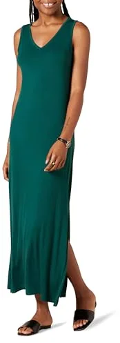 Amazon Essentials Vestido Largo sin Mangas de Jersey con Cuello en V para Mujer, Color Verde Oscuro, Talla S