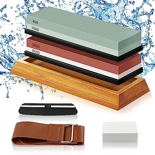 talifoca Piedra de Afilar,8-EN-1 Piedra de Afilar Cuchillos 400/1000 3000/8000 Grit Con Base Antideslizante de Bambú, Guía de ángulo y piedra de aplanamiento