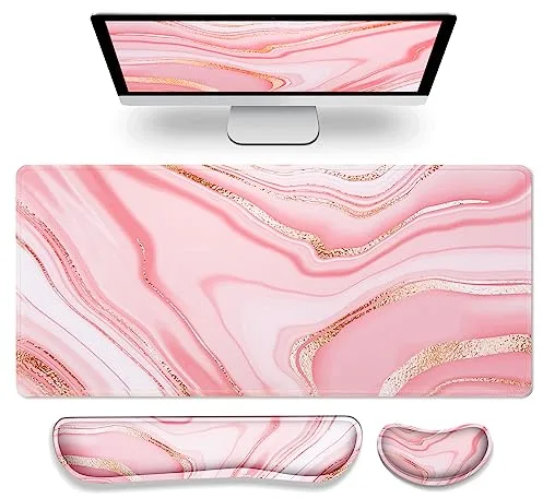 Gimars 3 en 1 Alfombrilla Ratón XXL Reposamuñecas Teclado & Ratón Ergonómico, 800x304mm Alfombrilla Escritorio, Mouse Pad Tapete Rato Espuma con Memoria Reposa Muñecas para Office Home, Oro Rosa