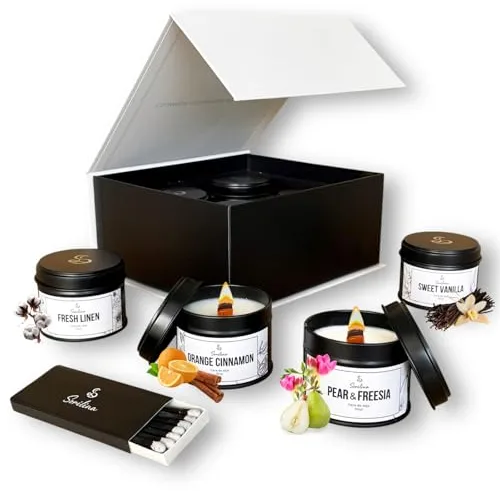 SORILINA Pack Velas Aromáticas con Cerillas y Caja Regalo, 4 Velas Pequeñas de Soja y Mecha de Madera, Set para Regalo, Hecho a Mano en España, 80gr/u 20h/u Regalo Mujer San Valentín (4 Aromas)