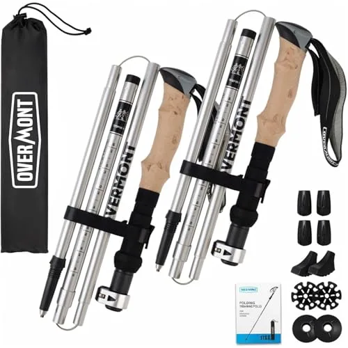 Overmont Bastones para Caminar, Paquete de 2 Bastones Plegables de Aluminio para Mujeres y Hombres con Sistema de Bloqueo rápido, Aluminio 7075, Plegables, ultraligeros para Senderismo, Camping,