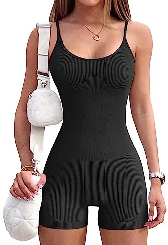 Rongseng Mono de Mujer Corto Monos Deportivos Sin Mangas Correa de Espagueti Sexy Casual Elegante Jumpsuit Elastico Ribbed Tank Top