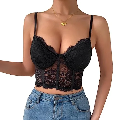 Rongseng Camiseta sin Mangas para Mujer Top Sexy de Encaje Crop Top Cuello en V Camisetas Tirantes Ajustables sin Vientre Verano Camisola Sujetador de Encaje Floral