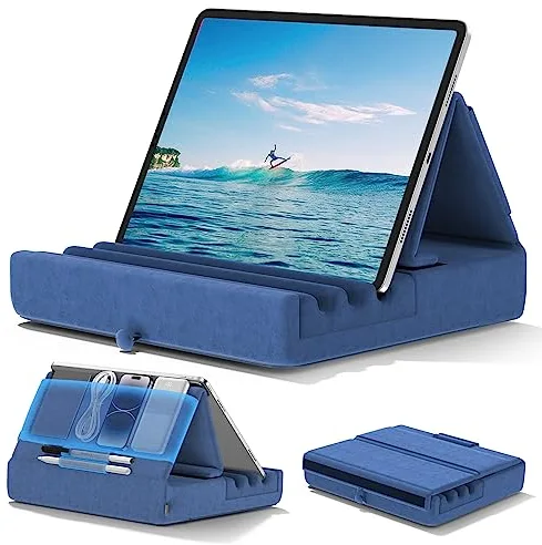 KDD Soporte de Almohada para Tablet,Soporte iPad Plegable para Cama,Regazo,Cojín para Tablet con Bolsillo y Soporte para Lápiz, para iPad Pro 12.9 10.5 9.7 Air Mini 6 5 4 3 E-Reader, Azul