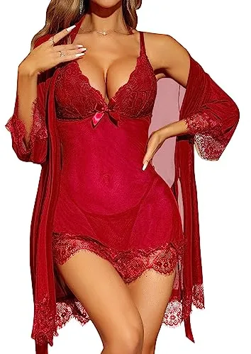 RSLOVE - Babydoll sexy para mujer, vestido de noche, lencería con G-String, conjunto de lencería de encaje femenino, 3 piezas, granate, M