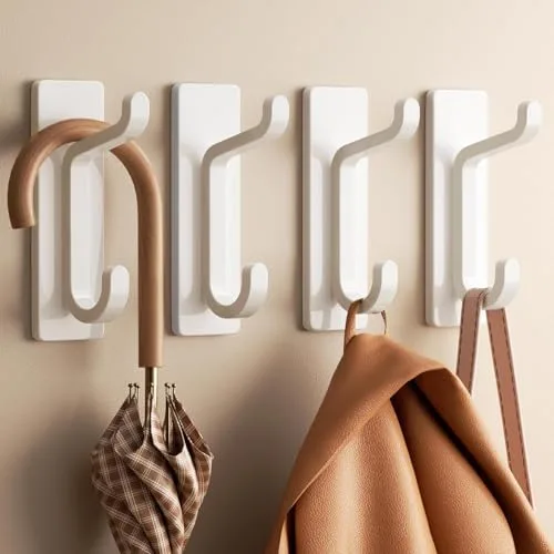 pickpiff Ganchos Adhesivos para Pared, Resistentes 6kg, Sin Taladrar, Impermeable, Colgadores para Baño Cocina Abrigos, Perchas Adhesivas de Acero Inoxidable, Blanco, 4 Piezas