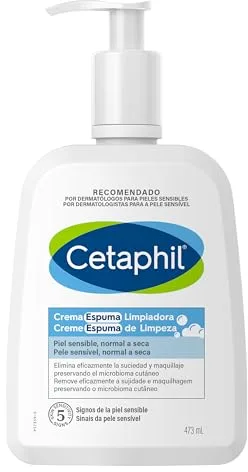 CETAPHIL Crema Espuma Limpiadora Facial, piel sensible, normal a seca, elimina la suciedad y el maquillaje preservando el microbioma cutáneo 473ML
