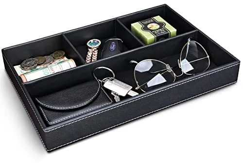 GORESE Bandeja de Valet Cuero, Bandeja Organizador de Escritorio Bandeja de Almacenamiento Aparador Organizador, Captura para Llaves, Teléfono, Billetera, Moneda, Joyería y Mesa de Noche(Negro)