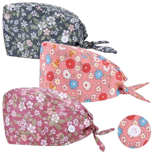 3 Piezas Gorro Quirúrgico con Botones Ajustable para Hombre y Mujer Gorro de Chef Gorro de Toalla para Médico Dentista Enfermera（Estilo Floral）