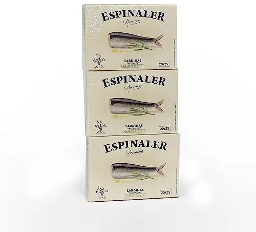 Sardinillas Premium en aceite de oliva Espinaler - Pack de 3 latas de 20-25 Sardinas en Conserva - Conservas Gourmet de sardinillas en aceite - Sardinas en conserva para tu aperitivo o para cocinar